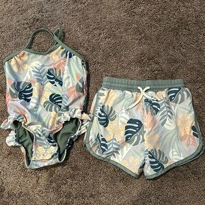 Little Co. 18m green floral swimsuits matching boy/girl twin set